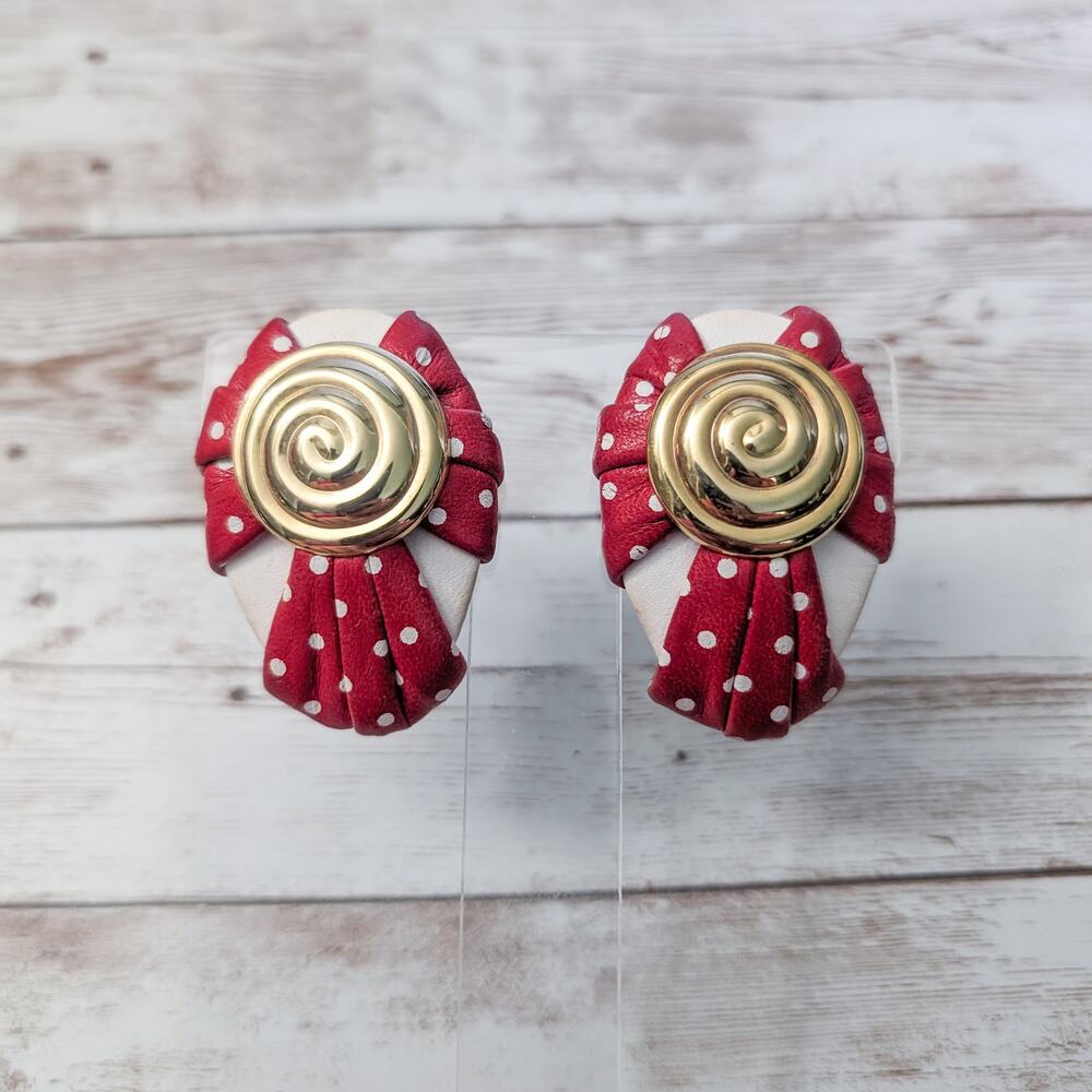 Vintage Clip On Earrings - Extra Large Statement Red, Cream Gold Tone 2"